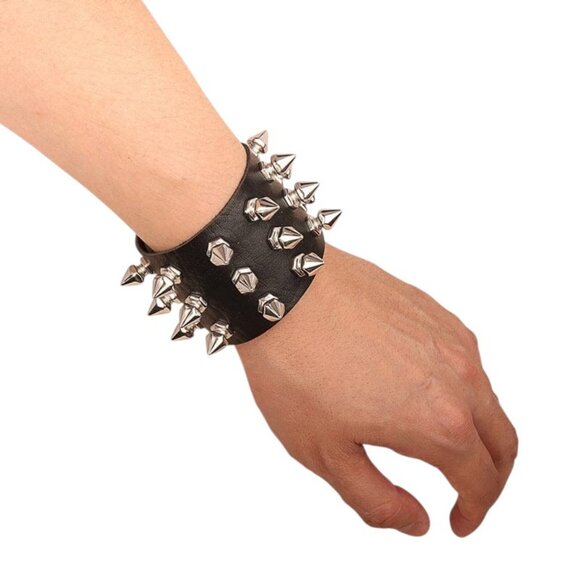 80s Punk Rock Spiked Cuff Studs Wristband Bracelet Black PU Leather Goth Grunge - Picture 2 of 6